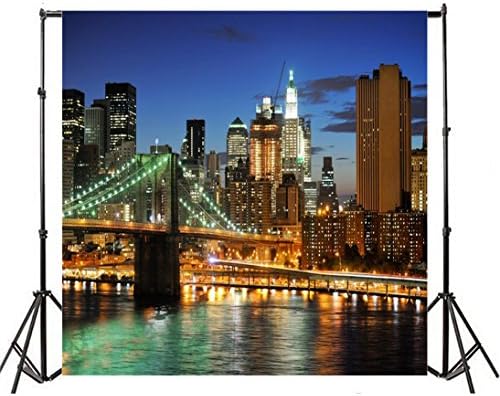 Laeacco Манхэттенский мост Нощен Вид на Фон отгледа 10х10 метра Ню Йорк мост Нощно Осветление Пейзаж Снимка Фон на Сградата и Водата