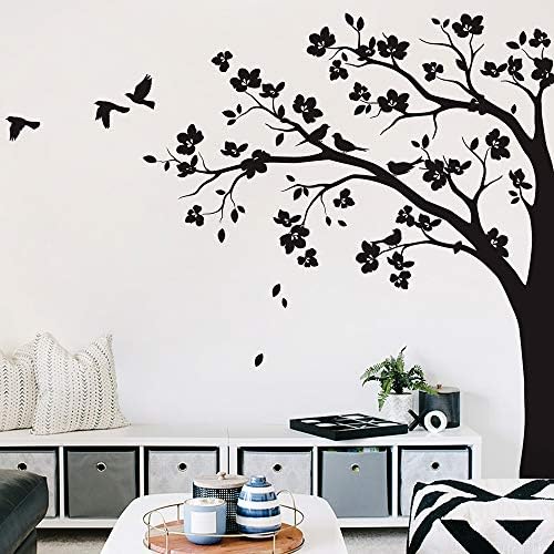 Голяма Ъглова Стикер на стената във формата на Дърво с Големи Цветя, Птици и Листа, Стенни Художествена Стикер за Детска Стая Стенопис