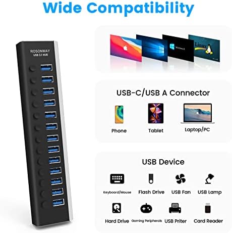 USB-хъб Rosonway Алуминиев 13-портов хъб USB 3.1/3.2 Gen 2 със скорост 10 gbps с адаптер на захранване 72 W (12/6 А) и отделни превключватели,