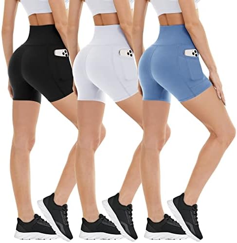 3 Опаковки Байкерских Къси панталони с джобове за жени – 5 Спортни Шорти от Ликра с висока Талия и контрол на корема за практикуване
